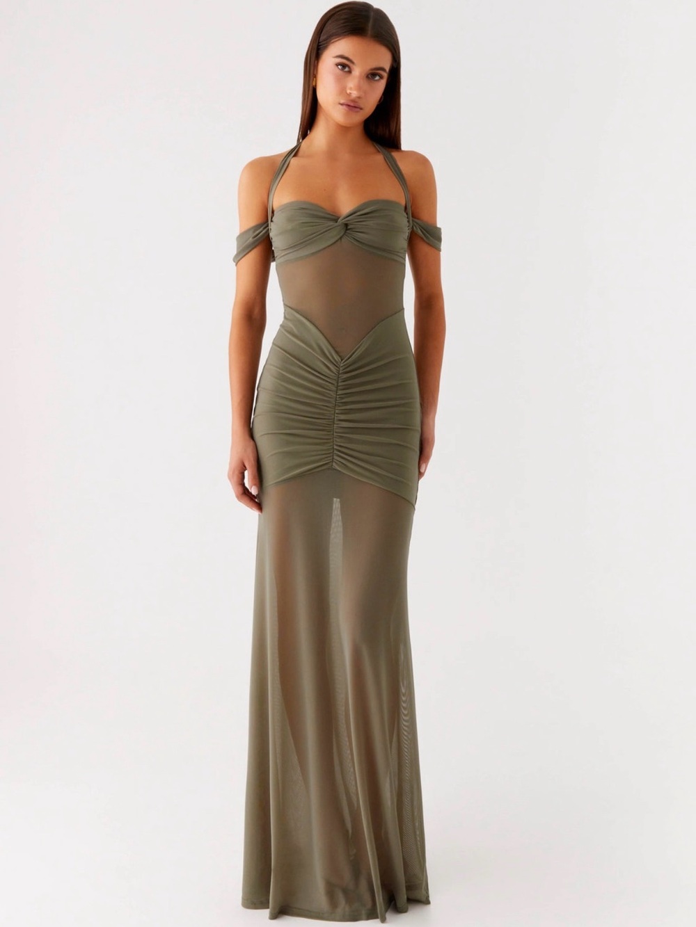 NWT Peppermayo Olive Green Off-Shoulder Halter Ruched Mesh Maxi Dress 6 - Picture 2 of 7